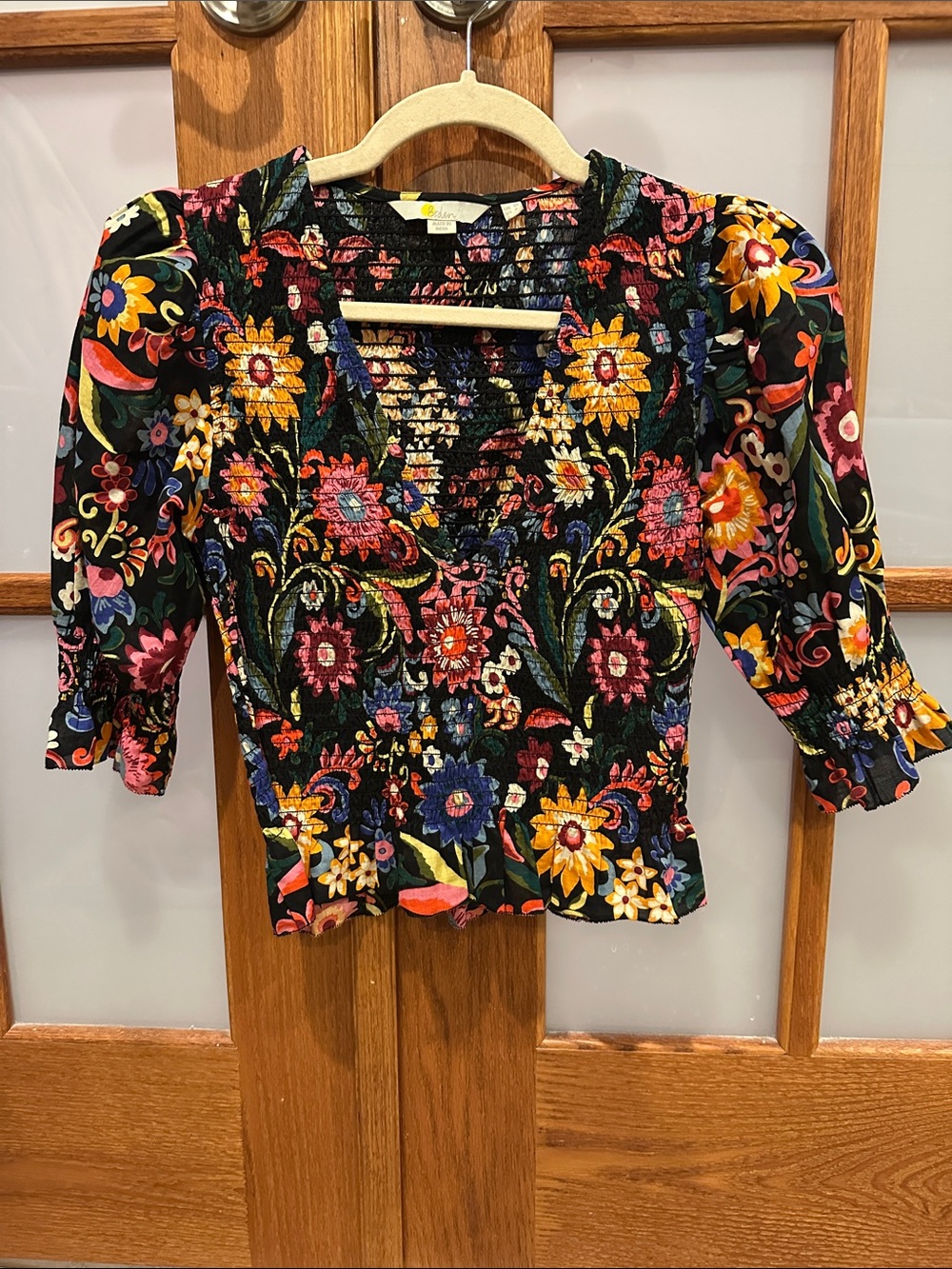 Boden Black Floral Smocked V-Neck Top with Bright Multi-Color Print